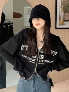 SHEIN ロゴプリント ジップアップパーカー ブラック