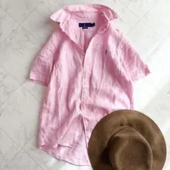 【ラルフローレン】リネンシャツ　半袖　ポニーロゴ　ゆったり　ピンク　L Y2K