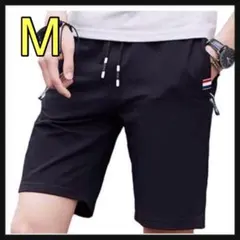 【M】ハーフパンツメンズ d 短パン 伸縮性ウエストバンド ブラック