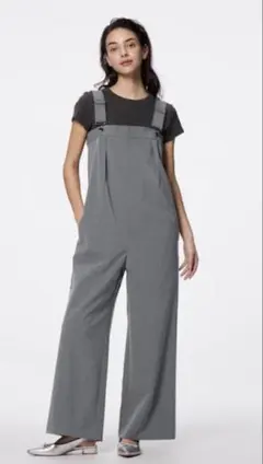 GU タックサロペットパンツ グレー ワイドレッグオーバーオール