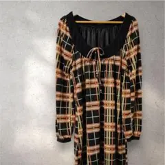 レトロチェック 長袖チュニック ワンピース ゆったり 秋冬