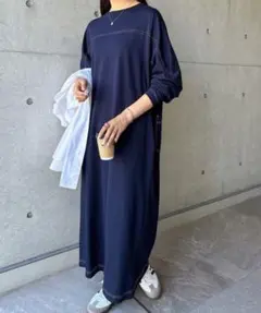 and Me 配色ステッチオーバーサイズ長袖Tシャツワンピース ネイビー(M)