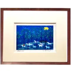 渡辺あきお 版画 絵画 ダイヤモンドスクリーニング 星空の散歩 猫