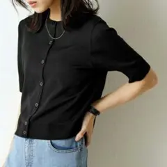 ①ユニクロ ライトクルーネック カーディガン 五分袖【新品】ブラック