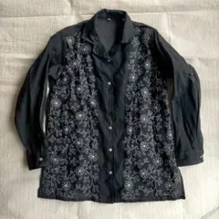 アジアンテイスト 黒 花柄刺繍 長袖シャツブラウス Mサイズ