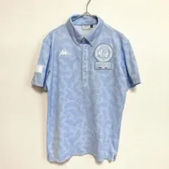 美品 Kappa カッパ ゴルフ ポロシャツ S ブルー 総柄 リーフ柄 刺繍