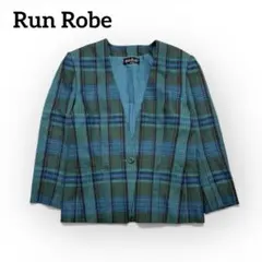 Run Robe チェックノーカラージャケット 総柄 グリーン レトロ 古着