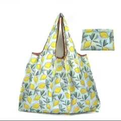 SALE！エコバッグ　大　レモン柄　ミントグリーン　折畳み可