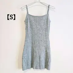 グレー リブ編み ノースリーブニットワンピース S 伸縮性 リボン付き