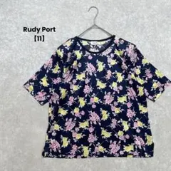 a2248＊Rudy Port 花柄Tシャツ　紺色【11】肩パッド　綿100%