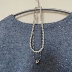 パールとシルバーのハートチャームネックレス