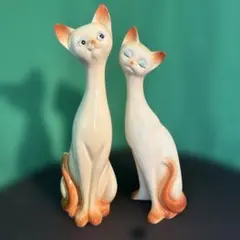 昭和レトロ シャム 猫 花柄 陶器 置物 ねこ ペア 青 ピンク 貫入