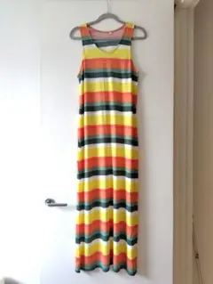 マキシ丈ワンピース ノースリーブ マルチボーダー ロングワンピース ルームウェア