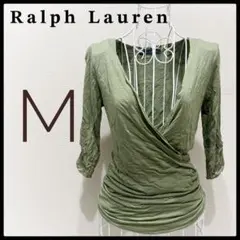 【美品】ラルフローレン 5分袖 Tシャツ カットソー Vネック 絞り袖 緑 M