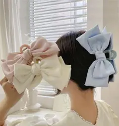 新品　リボン　ヘアクリップ　ビッグリボン　ピンク　ブルー　ホワイト　2点