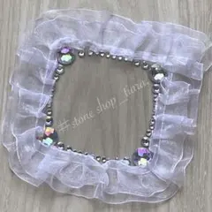 ましかくフォト【フリル＊ビジュー】硬質ケース♡デコ♡ホワイト・オーロラ系