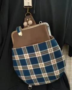 【まめまめさま専用】スリム型がま口ボディバッグ　ブルーグリーン　ひも２本