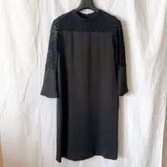【美品】BEAMS レース袖付きブラックひざ丈ワンピース S フォーマル