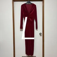 赤 ベルベット ロングドレス Vネック L