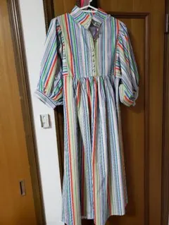 ストライプ ボタン付きシャツドレス 7分袖