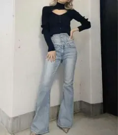 GYDA H/Wボタンフレアデニムパンツ アイスブルー