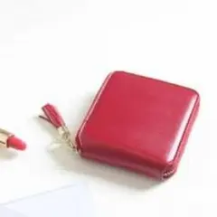 セール！タッセル付 ミニ 財布 二つ折り ラウンドファスナー 赤 数量限定