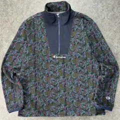 Champion フリース ハーフジップ ジャケット 総柄 幾何学 ロゴ刺繍 L