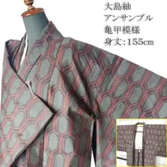◆K1535◆大島紬　アンサンブル　袷　亀甲柄　和装着物　身丈155cm