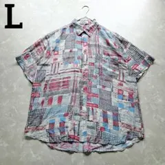ヴィンテージ　PURE SILK 100%　半袖　L　幾何学　パッチワーク風のサムネイル
