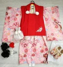 七五三フルセット　七五三被布着物、ヘアアクセサリー4点、付け毛、履物、100cm