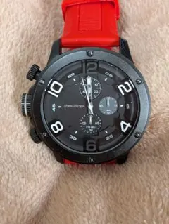 【人気】RetroTempe アナログクォーツ腕時計 ブラック/レッド 新電池