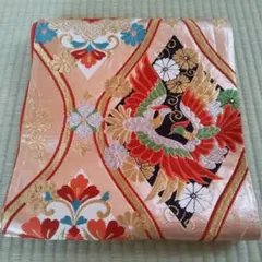 袋帯 正絹 鳳凰刺繍のオレンジ系 昭和レトロ 成人式 年代物