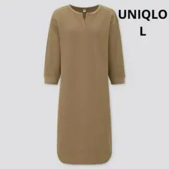UNIQLO ユニクロ　ワッフルキーネックワンピース（7分袖）L カーキオリーブ