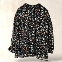 INGNI イング　七分袖ブラウス　シアーシャツ　花柄　M　ブラック系　襟ゴム