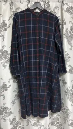 ネイビー チェック柄 シャツワンピース 長袖