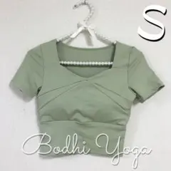 グリーンSサイズ 半袖ブラトップ スポーツブラ ヨガウェア Tシャツ トップス