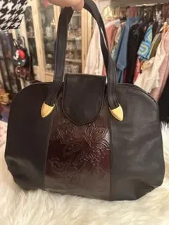 ビンテージ★本革レザー 花柄エンボス ハンドバッグ