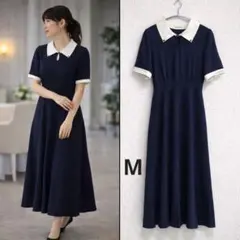 襟付き ロングワンピース JUNOAH 半袖バイカラーセミフレアニットワンピース