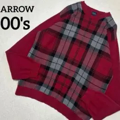 【極上】ARROWオーバーチェックハイゲージコットンニットセーター美品赤系のサムネイル