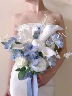 アーティフィシャルフラワー　カラー　白　ブルー　造花ブーケ　ウエディング