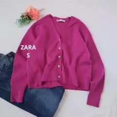 i268♥ZARA ビジューボタン Vネック ニットカーディガン ピンク Sのサムネイル