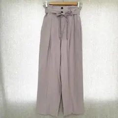 美品✦GU タックハイウエストワイドストレートパンツ M パープル リボン/ゴム