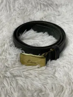 EDWIN 本革 レザーベルト 黒緑系ゴールドバックル 細身 ユニセックス