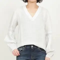120% lino リネンレース袖Vネックブラウス ホワイト白　麻　長袖のサムネイル