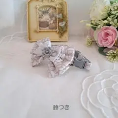 カメリア柄(グレー)ダブルリボン、わんちゃん猫ちゃん用首輪
