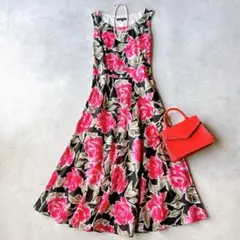ローラアシュレイ　花柄　ロングフレアワンピース　薔薇　Aライン　ノースリーブ