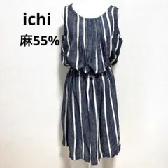 イチ ICHI リネンブレンド 膝丈ノースリーブワンピース ストライプのサムネイル