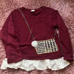 プティマイン　フリル付き長袖カットソー ワインレッド