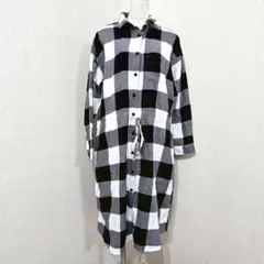 ユニクロ チェックシャツワンピース ロング（M）ブラック モノクロ
