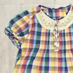 フランシュリッペ インド製 虹色チェック 花柄 刺繍 ビーズ パフスリーブのサムネイル